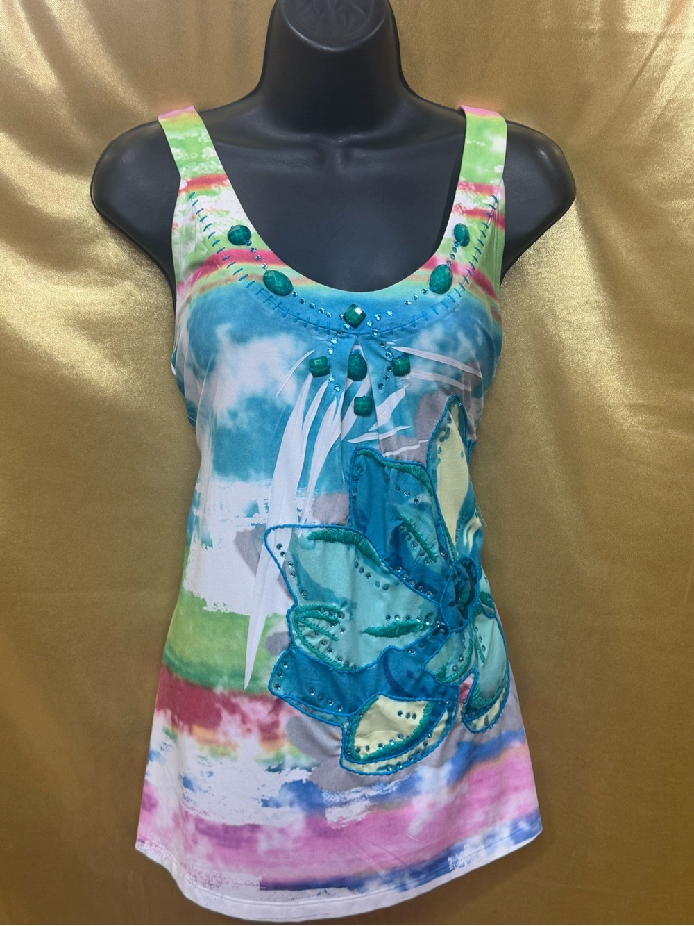 Spy Zone Exchange Watercolor Tie Dye Racerback Tank Top Beaded Floral Medium